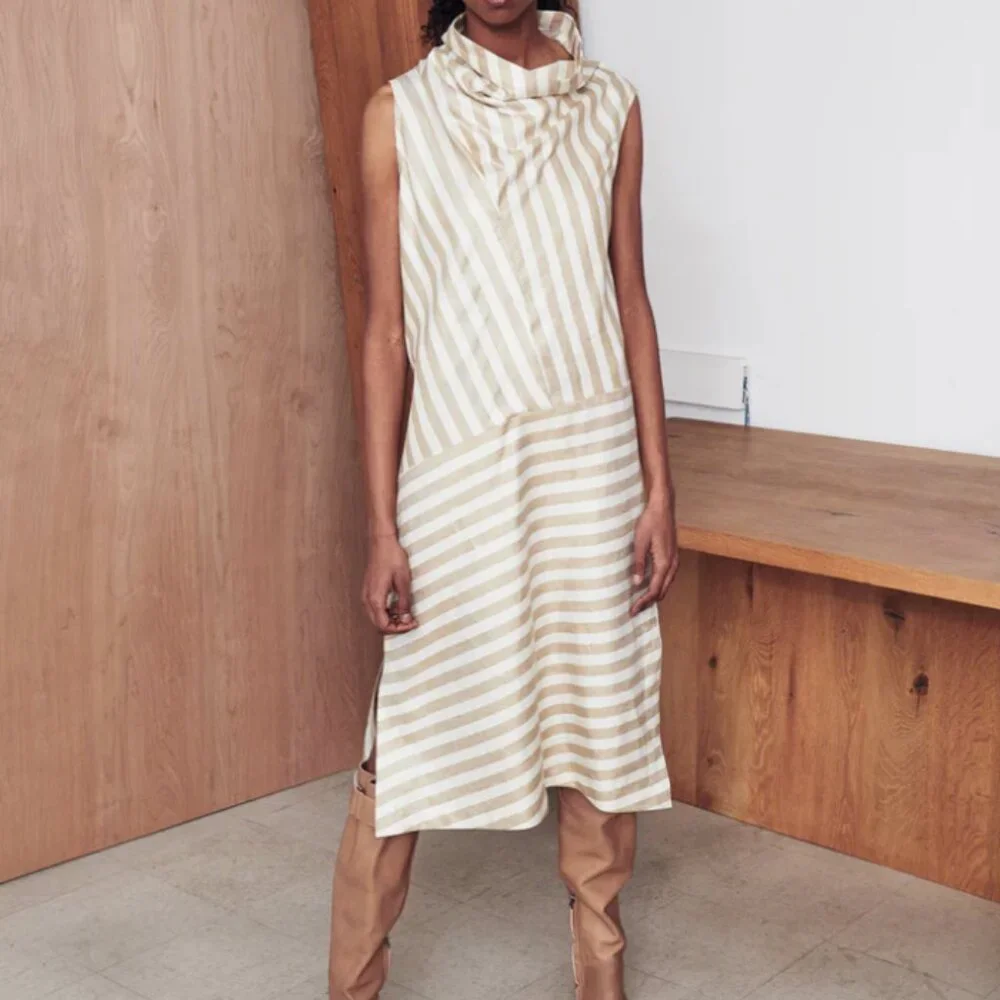 Zero + Maria Cornejo Sleeveless Stripe Folded High-Neck Dress Size 12